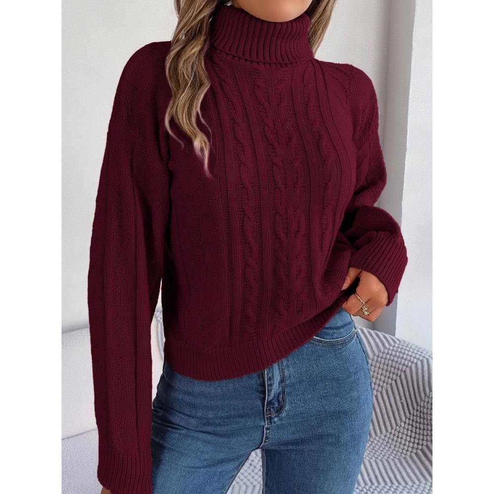 

Повседневный свитер с высоким воротом и длинными рукавами из жареного теста с переплетениями для женщин S винный