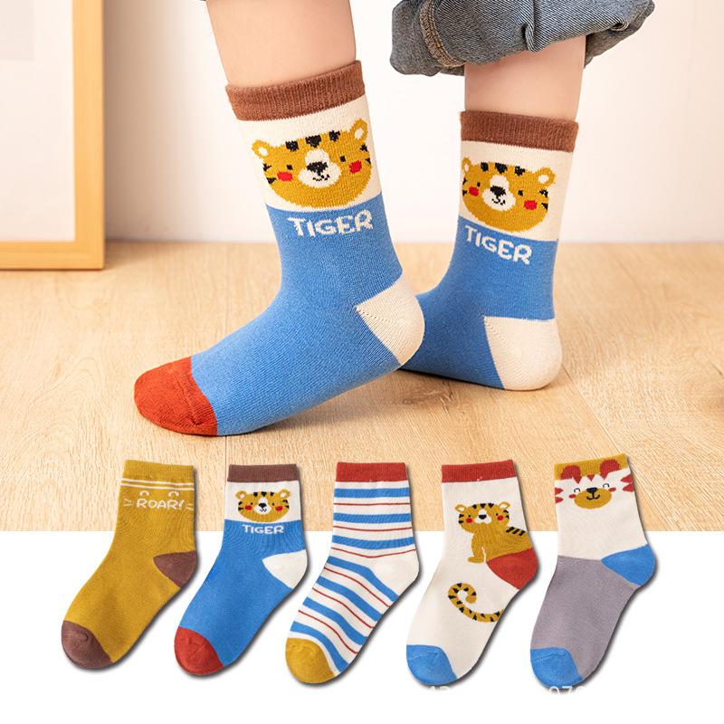 5 Pair Children's Socks Spring Autumn Boys Girls Cartoons Cute Middle Tube Socks