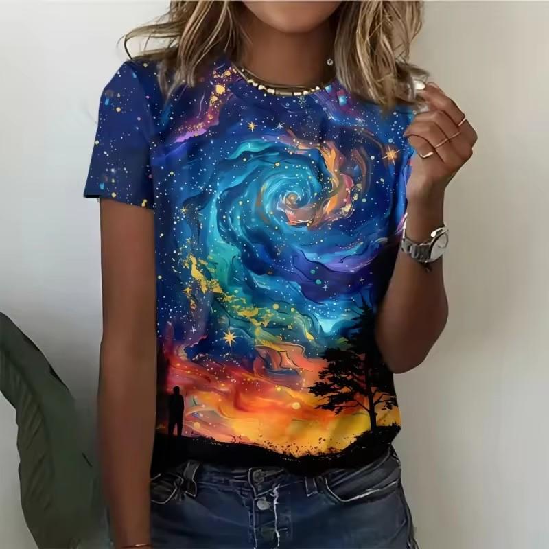 Summer Women's Top Round Neck Multi Color 3D Printed T-shirt Women's Elegant, Fashionable, Comfortable Short Sleeve Top