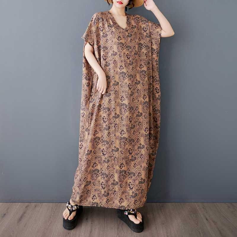 Large Size Floral Dress, Retro Long Robe for Ladies