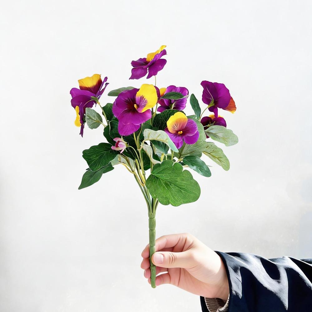 30cm Artificial Pansy Flowers Bouquet UV Resistant Five Fork Silk Fake Flowers Silk Tricolor Violet Artificial Green Plants