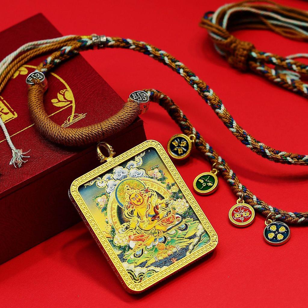 Yellow Jambhala Tibetan Thangka Gold Pendant Necklace with Fashionable Rope for Attracting Wealth