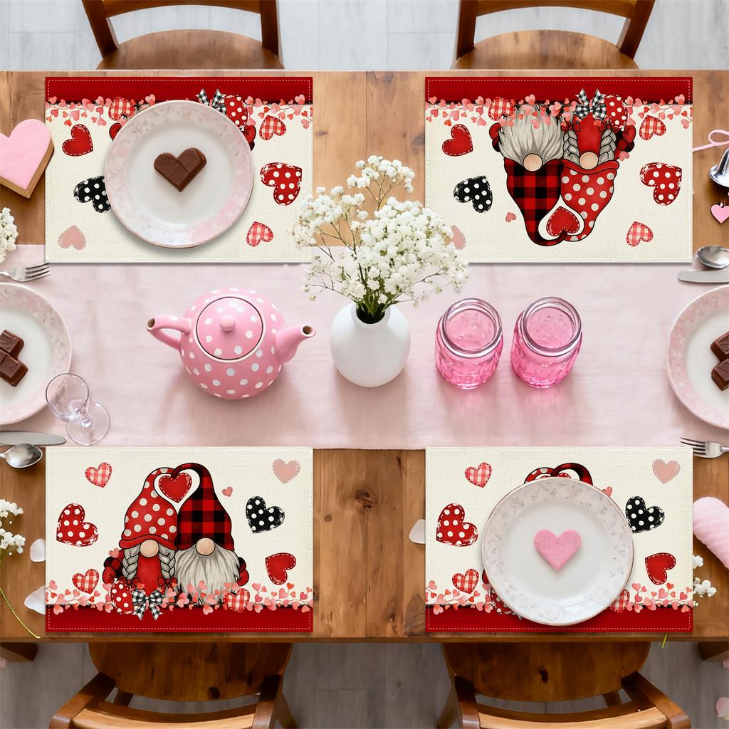1-Set Gnome Couple Placemats - Buffalo Plaid & Polka Dots with Hearts & Bows, Hand Washable Table Mats Suitable for Valentine's Day
