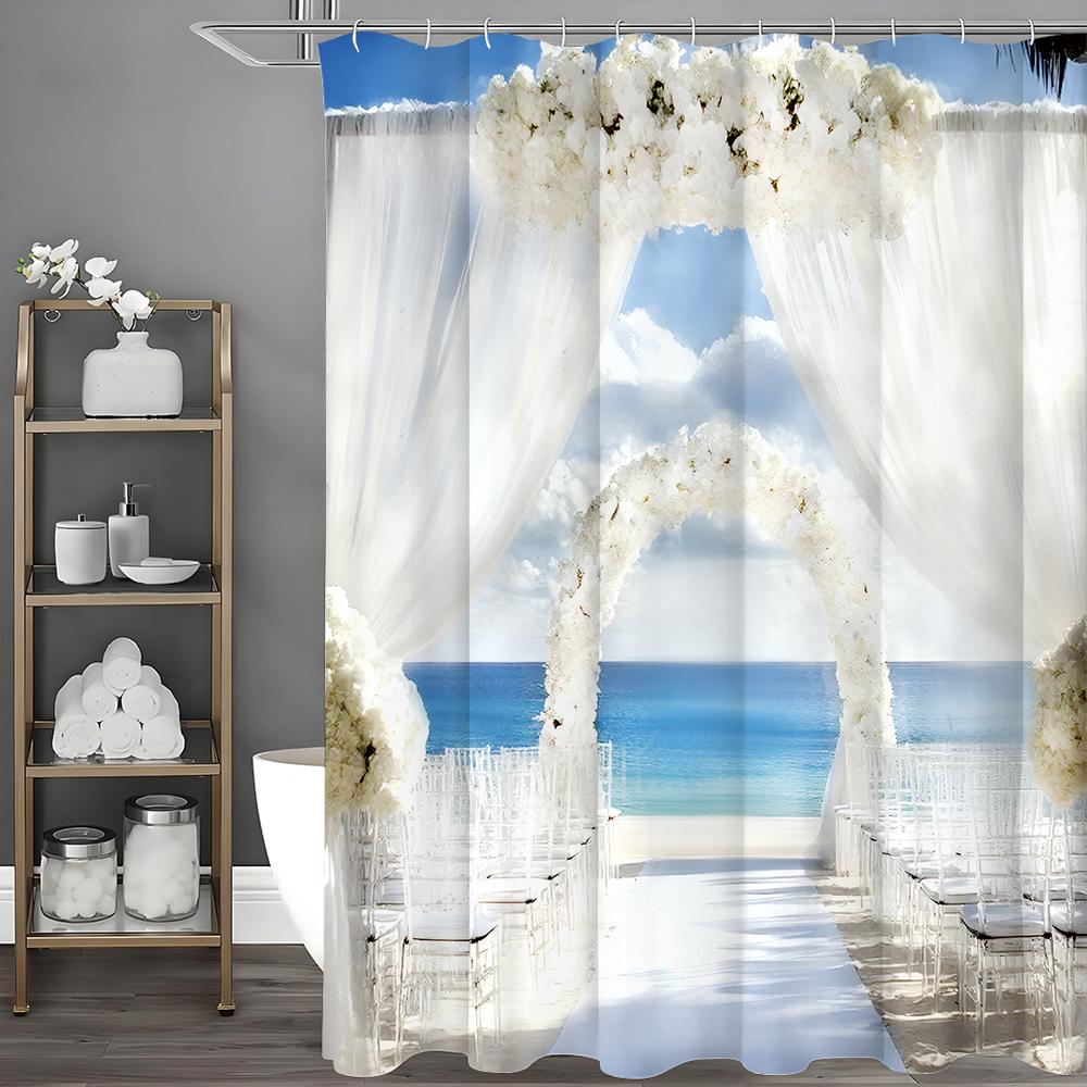 

Seaside Wedding Scene Floral Shower Curtain, Bathroom Decorative Shower Curtain, Waterproof Shower Curtain with Hooks 90*180cm