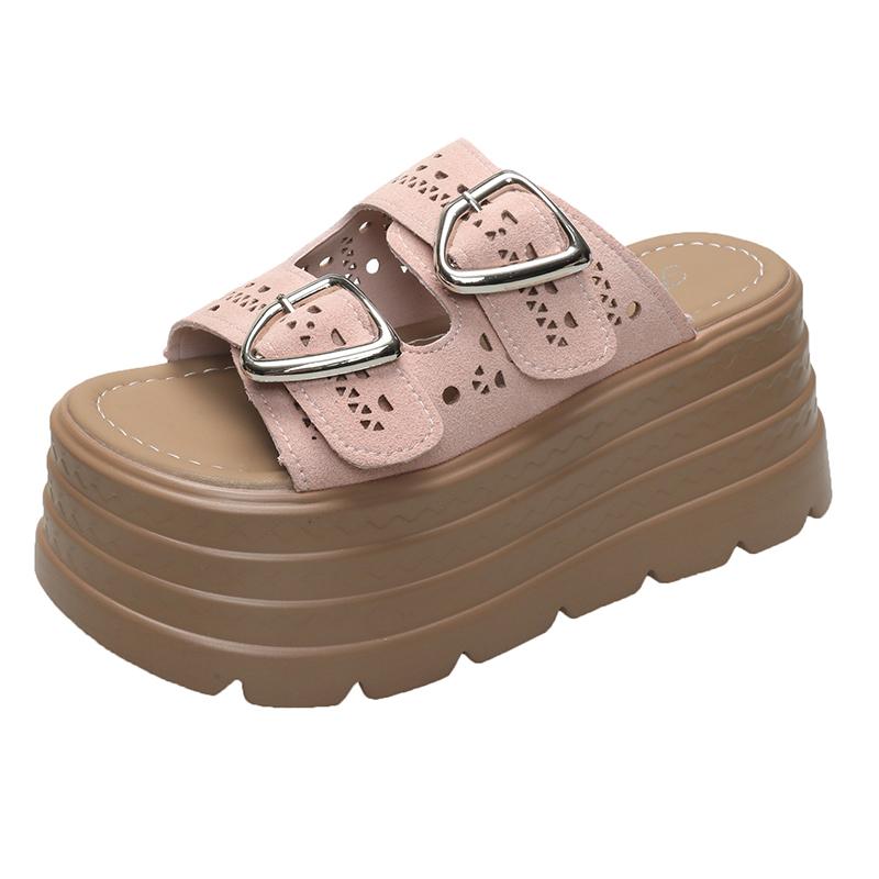 Fashion 8CM Summer Women Hollow Out Beach Slippers New Ladies Wedge Heels Leather Flip-Flops Woman High Platform Outside Sandals 2024