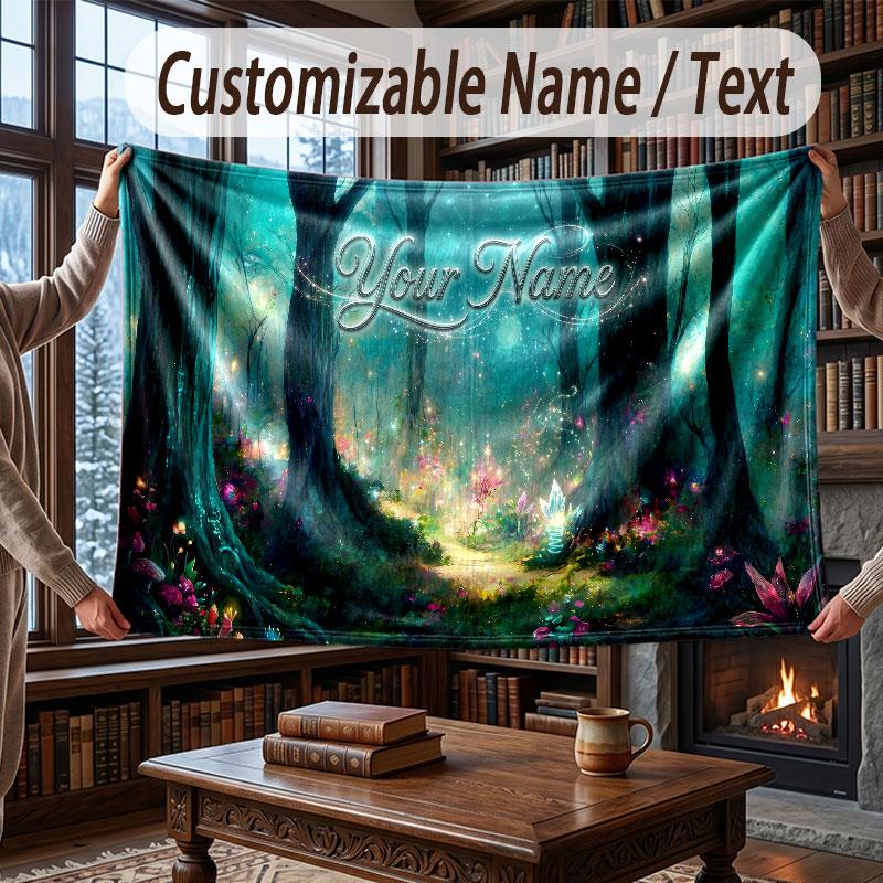 Mushroom Forest Theme Throw Blanket Custom Name Text Personalized Blanket Soft Cozy Blanket for Home Sofa Bed