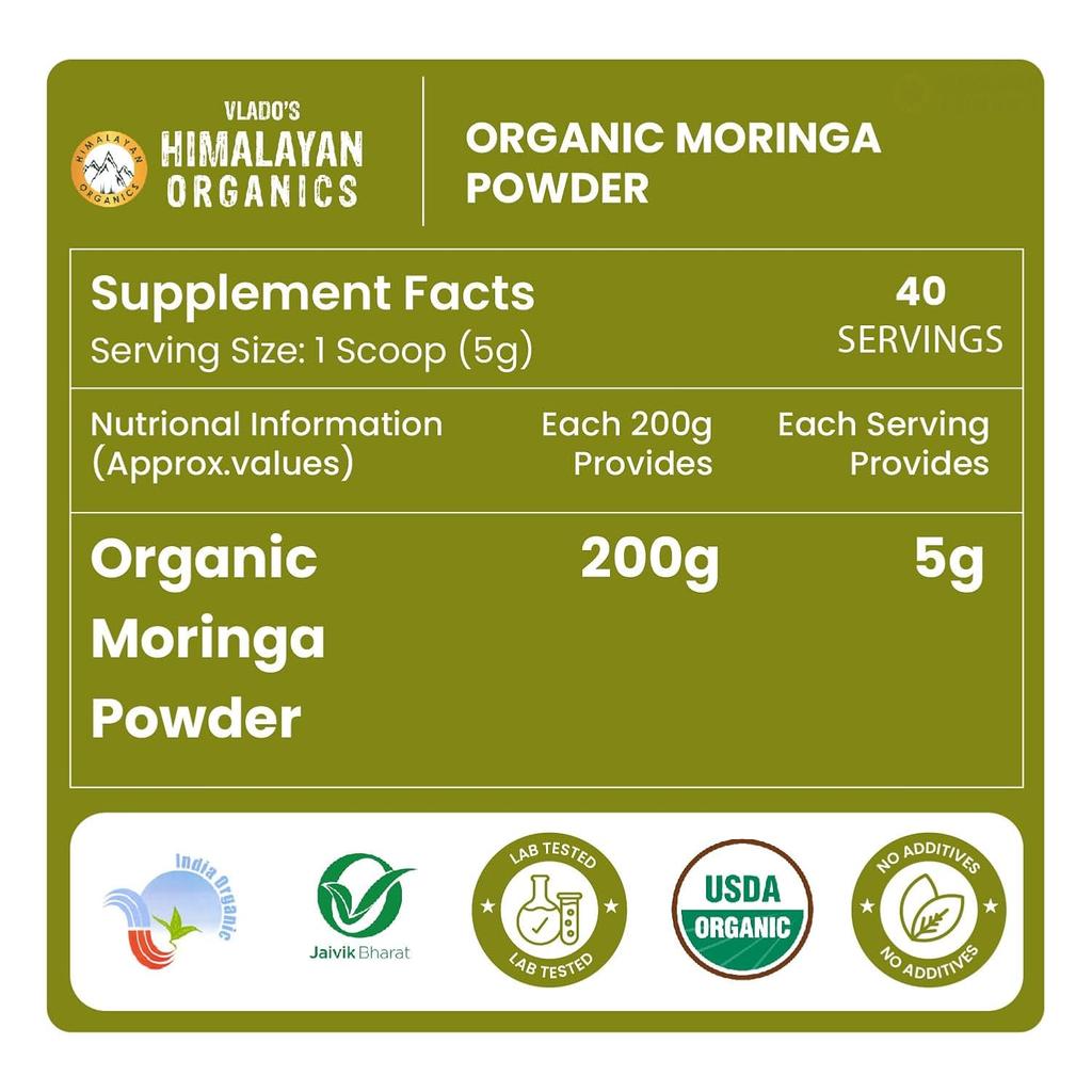 Vlado's Himalayan Organics 100% Organiczny Proszek z Moringi 200g | Naturalny Superfood dla Energii, Odporności i Odżywienia