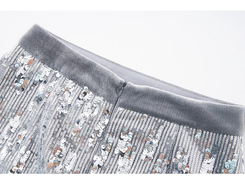 Dazzling Silver Sequin High-Waist Midi Skirt for Women - Autumn Fashion