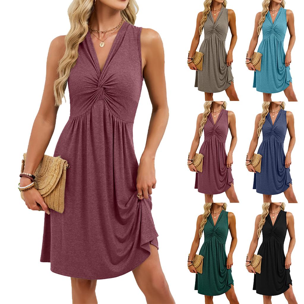 Women's V Neck Sleeveless Front Twist Knot A-Line Midi Dress Solid Color Rayon Blend Casual Sundress for Spring Summer Vacation Daily Wear