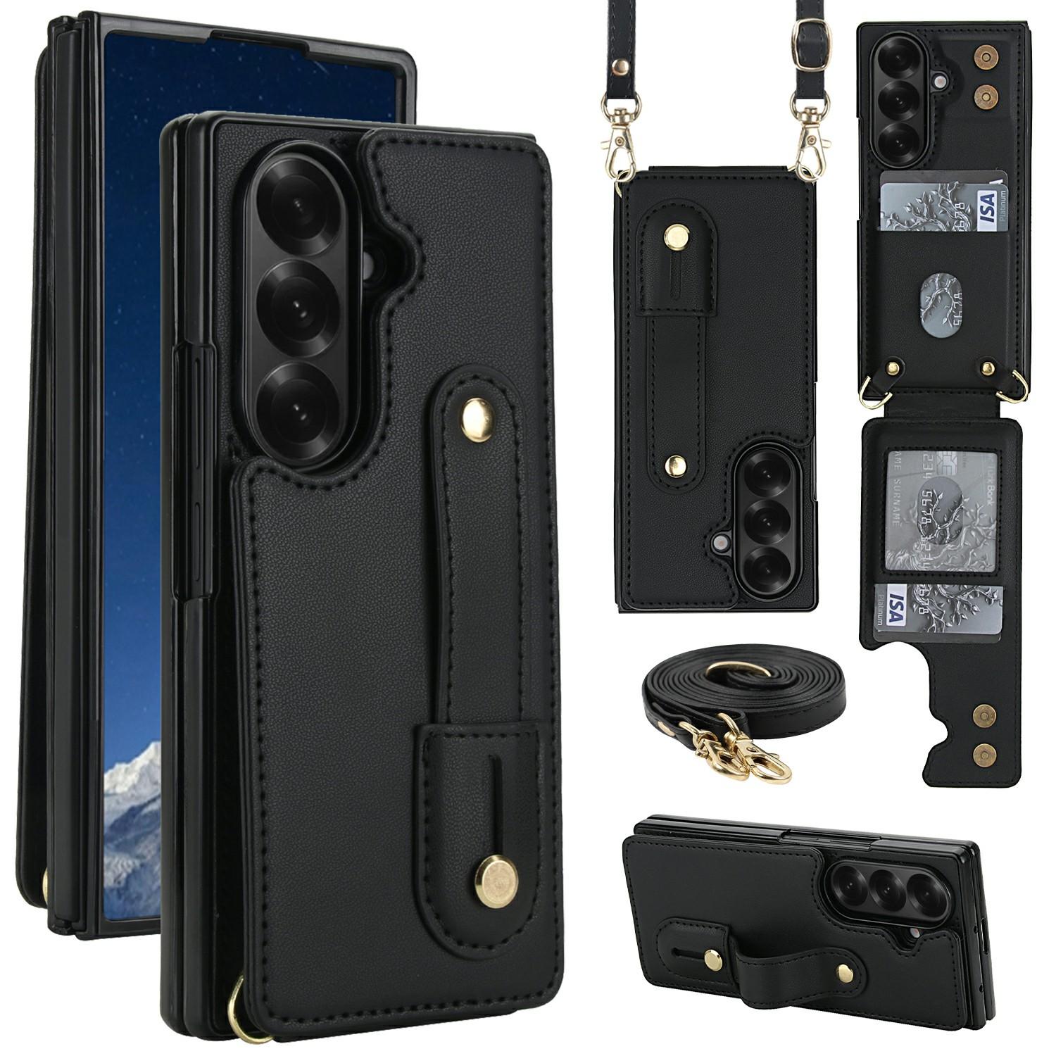 

For Samsung Galaxy Z Fold6 5G Case Kickstand Card Slots Leather Coated TPU Cover with Shoulder Strap Black
