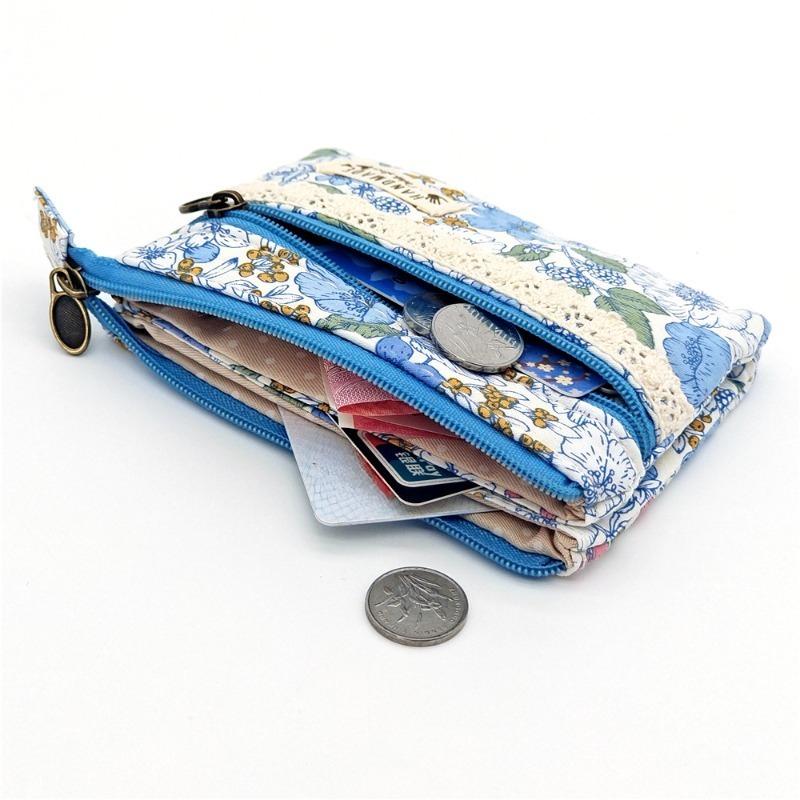 Japanese Floral Canvas Coin Purse Double Zipper Wallet Small Card Holder Cash Pouch Multi Pocket Change Purse for Women
