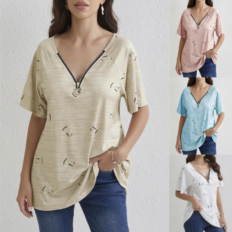 Spring Summer New Zipper Short Sleeve Shirt Women Tops Casual Love Print Pullover T-shirt Woman Fashion Elegant Loose Lady Blouse 24145