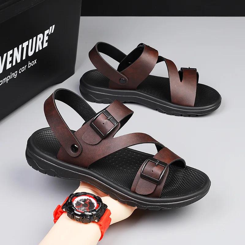 Fashion Summer Comfortable and Non slipSandals for Men Outdoor Casual Sport Leather Slippers  Breathable Beach Flip-Flop Garden Shoe