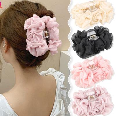 Rose Barrettes  Hairpin Women's Chiffon Bow Claw Clip Updo Large Solid Color Hair Claw Hair Accessories Headwear