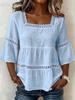 Women Square Neck Lace Trim Bell Sleeve Top Casual Tiered Smocked Solid Color Blouse