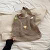 Women Knitted Tote Bag Crochet Shoulder Bag with Flower Decor Hollow Out Handbag Casual Beach Bag Outdoor Travel Bag