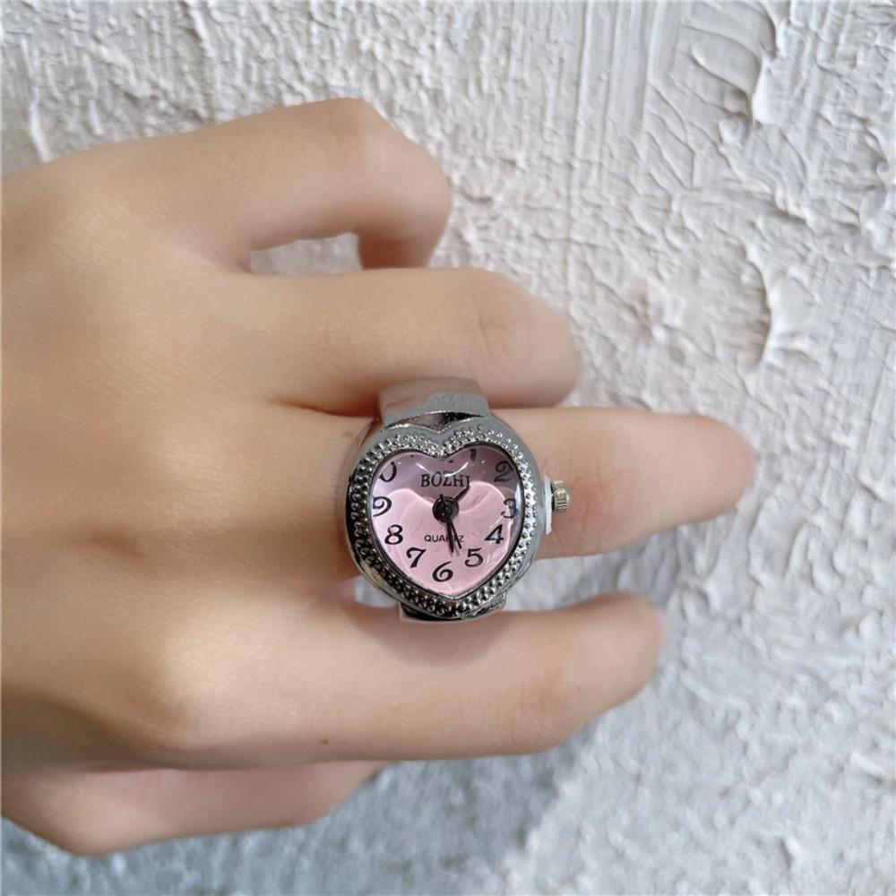 Cool Vintage Clock Heart Shape Punk Roman Quartz Watch Adjustable Mini Elastic Strap Finger Watch Rings Jewelry