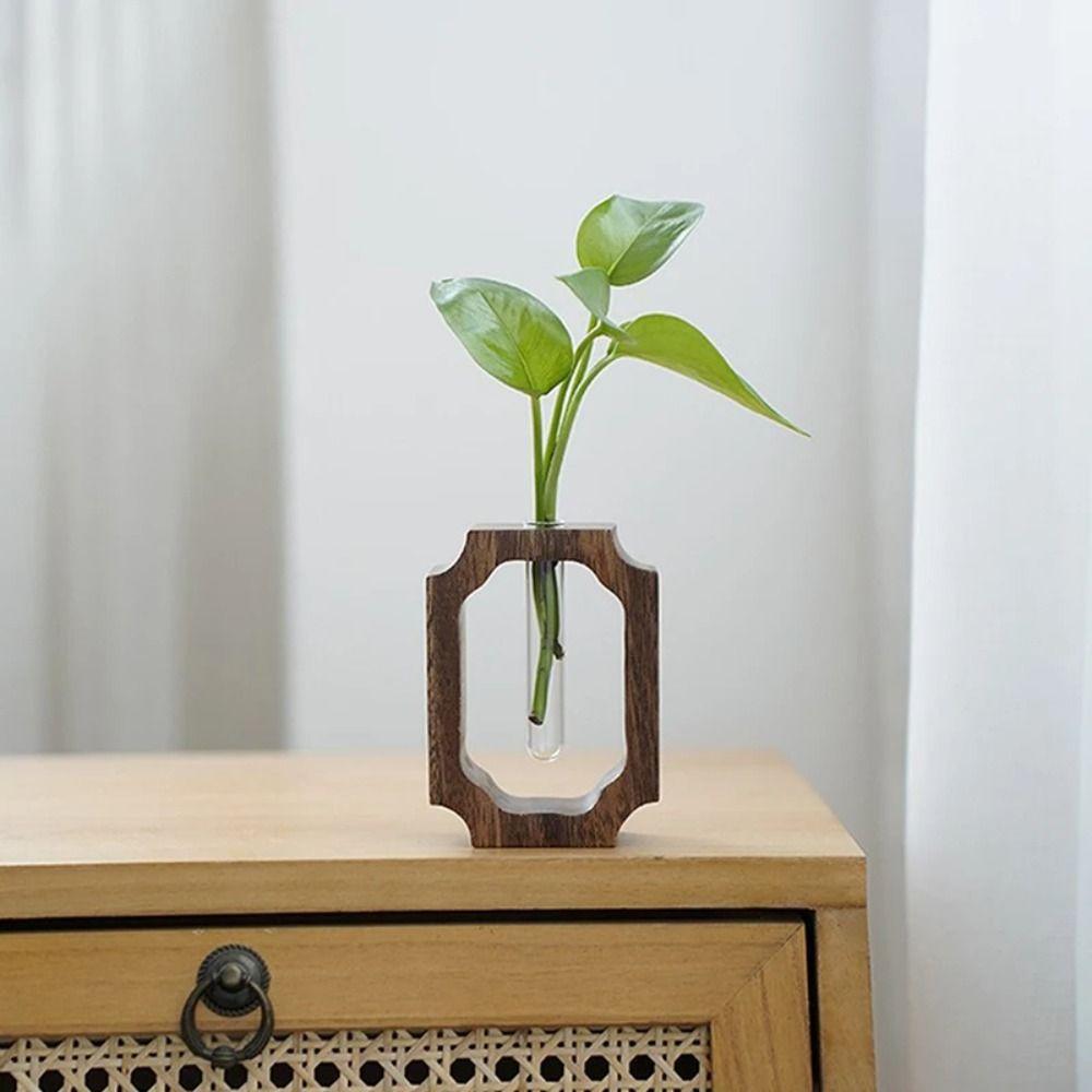 Vase Ornaments Solid Wood Flower Vase Test Tube Shape Glass Vase  for Home Desktop Decoration
