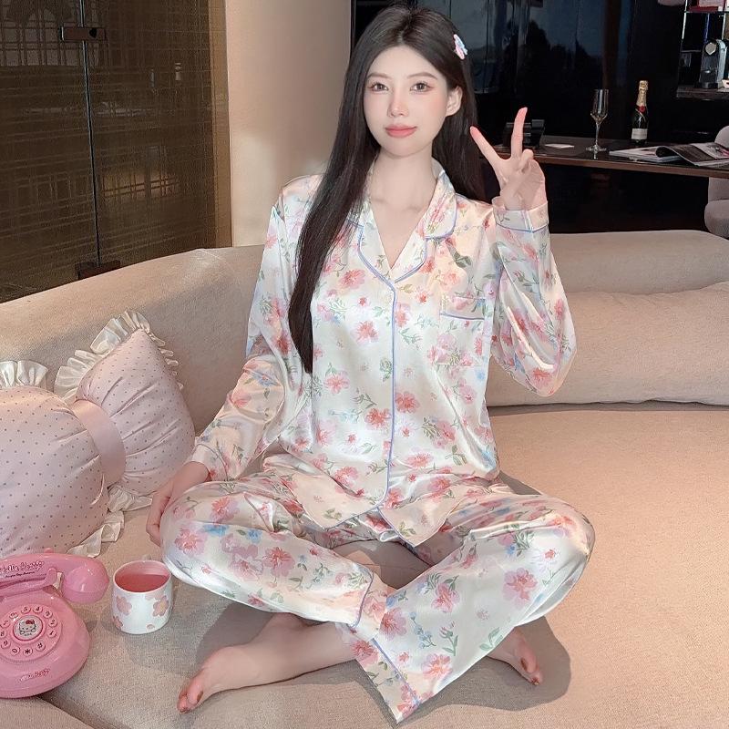 French Floral Ice Silk Long-Sleeve Ruffle Pajamas for Women - Spring & Autumn