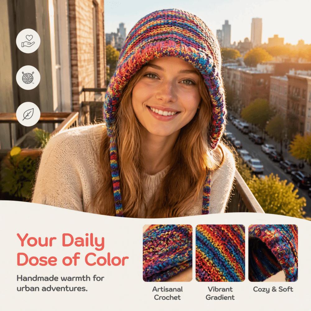 Gradient Wool Crochet Cap Rainbow Striped Winter Bucket Hat Thick Warm Ear Cap  For Women
