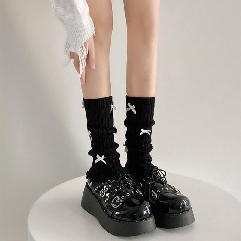 Sweet Girls Leg Warmers Women Ribbed Knit Striped Foot Cover Elegant Bowknot Ruffled Trim Boot Cuffs Footless Calf Socks