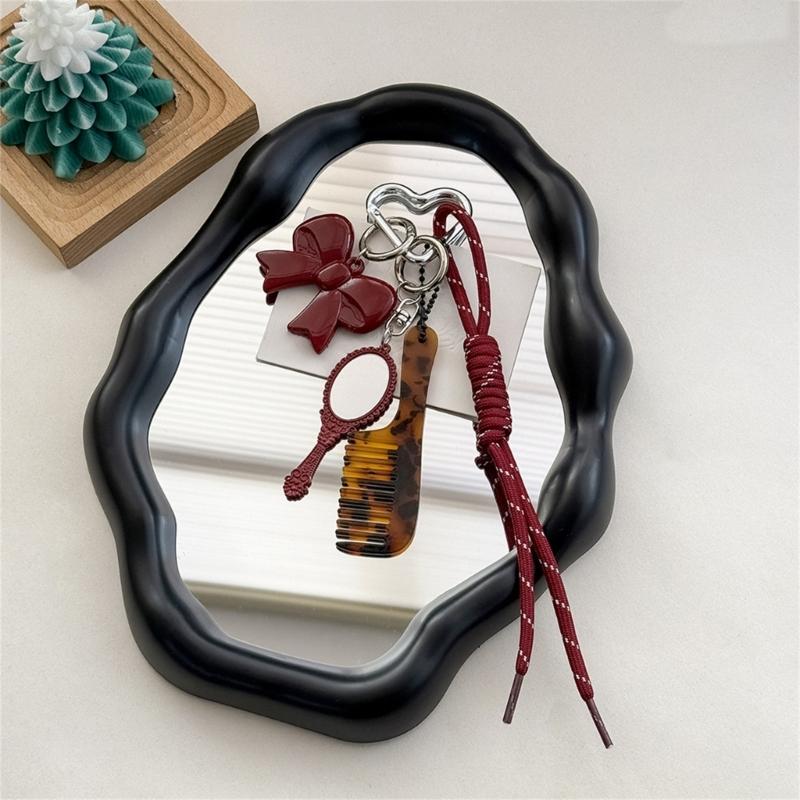 Fashionable Acetate Comb Mirror Keychain Multifuntional Key Accessory Suitable for Youthful Women and Girl Outdoor Use