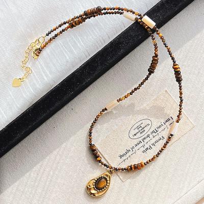 Wind High Quality Maillard Natural Tiger's Eye Stone Shell Mini Collarbone Chain Necklace for Women