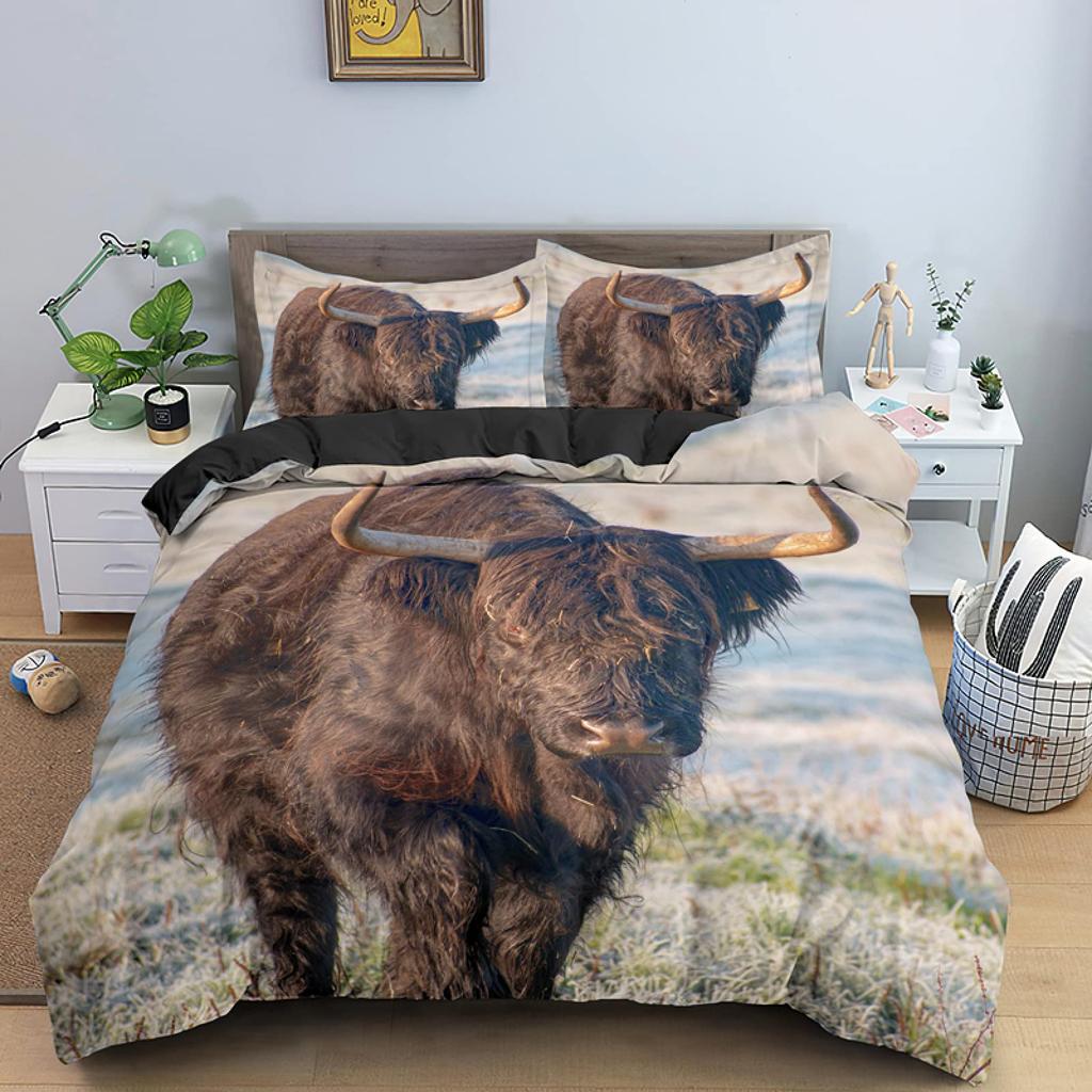 Highland Cow King Queen Duvet Cover Bull Bedding Set For Adults Cattle 2/3pcs Quilt Cover Farm Animal Polyester Comforter Cover