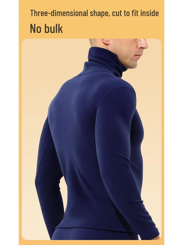 Herren Plüsch Verdicktes Herbst-Oberteil: Mittelhoher/Hoher Kragen, Warme Slim-Fit-Basisschicht mit langen Ärmeln