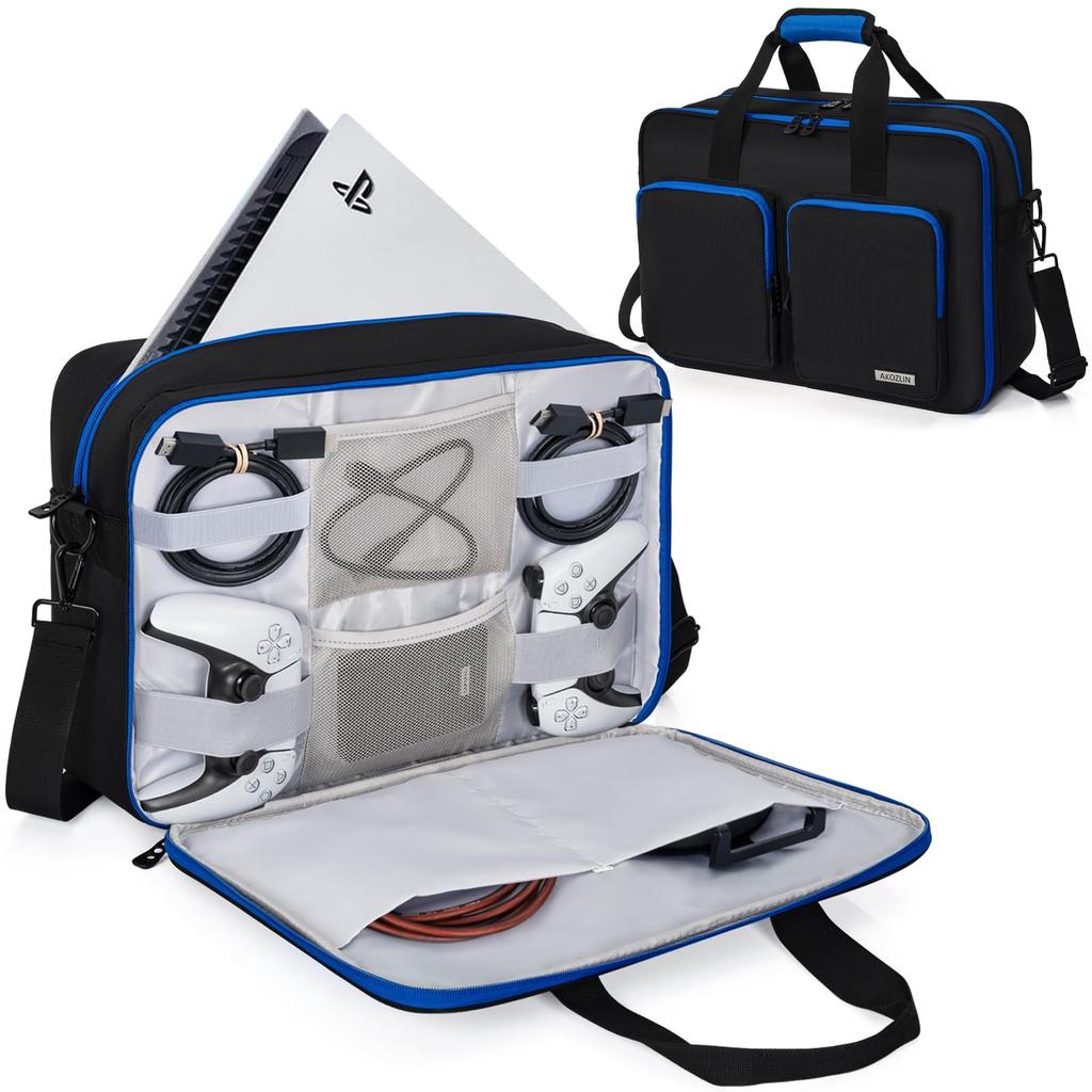 AKOZLIN PS5 Storage Protective Case for Travel Carrying Multifunctional Shoulder Bag for Controller Large Black Blue Bag, PS5/PS4, Bag, Travel,