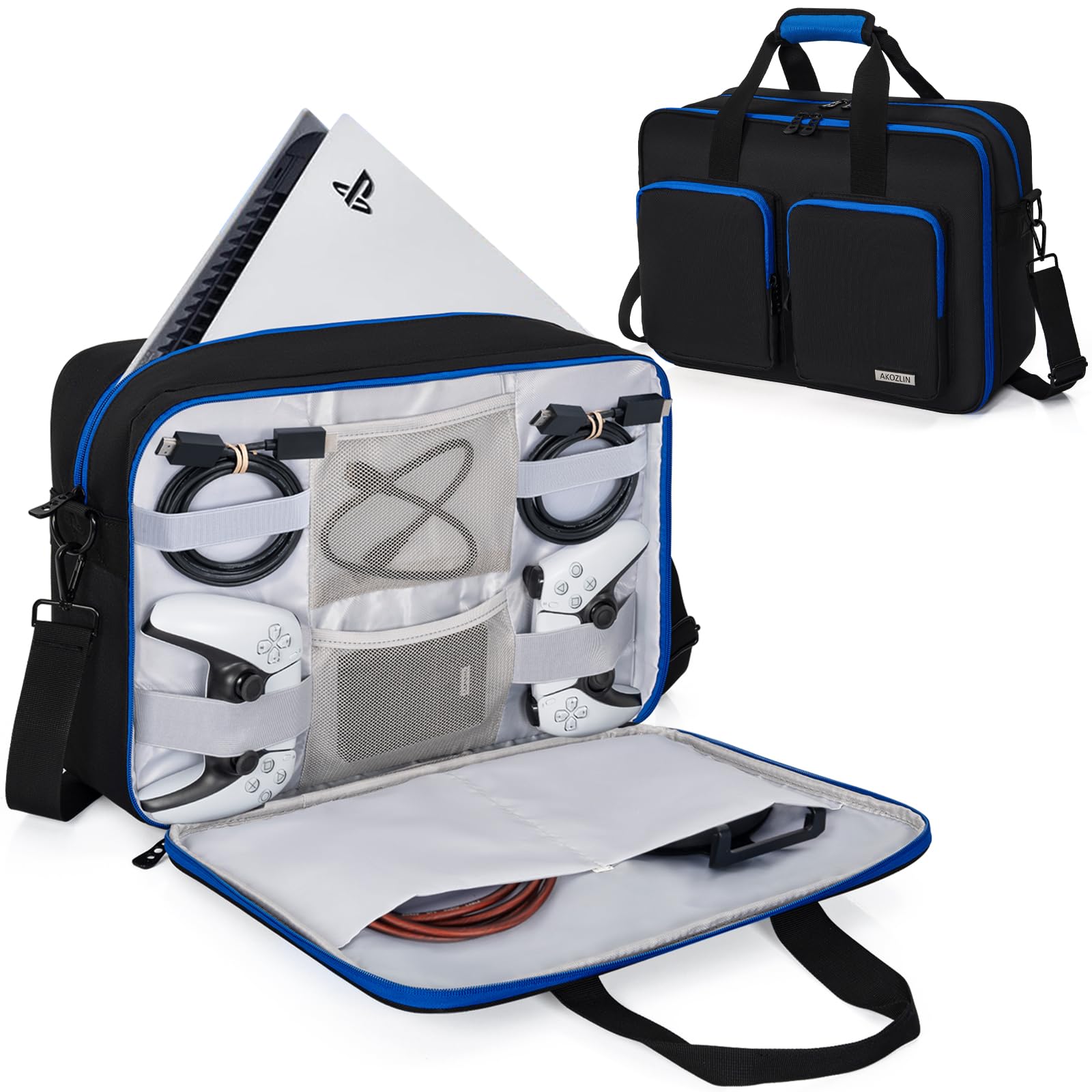 

AKOZLIN PS5 Storage Protective Case for Travel Carrying Multifunctional Shoulder Bag for Controller Large Black Blue Bag, PS5/PS4, Bag, Travel,