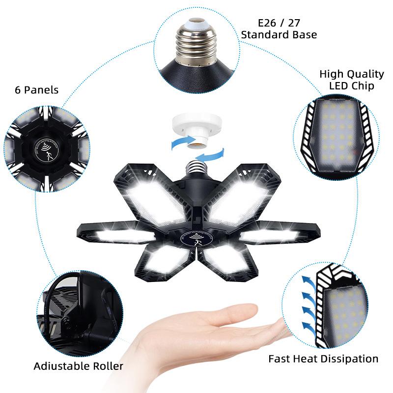 E27 Ceiling Lighting Induction Light for Garage Warehouse Workshop Use 6 Adjustable Panel LED Bulbs for Night Lights