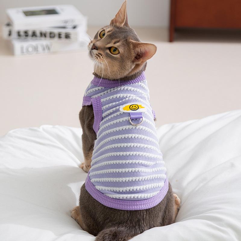 

Cat clothes spring and summer jacquard knitting hollow traction vest blue cat hairless cat kitten puppy pet clothing XS (applicable weight 1-1.5 kg) бонді синього кольору