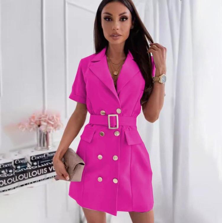 Women Summer Casual Short Sleeve A-Line Dress Solid Color Double Breasted Suit Collar Above Knee Belt High Waist Spring Dresses