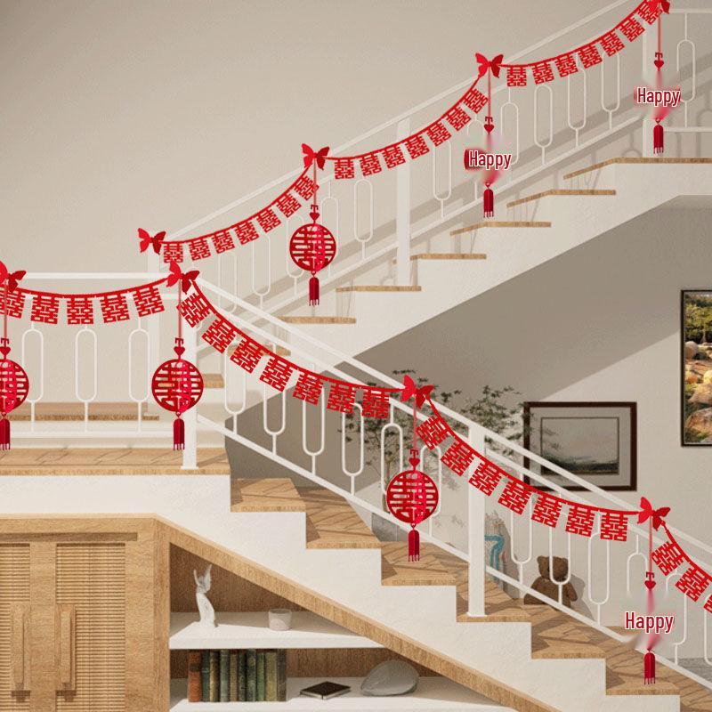 Double Happiness Stair Railing Decor: Wedding Floral Ornaments for Bride and Groom Sides