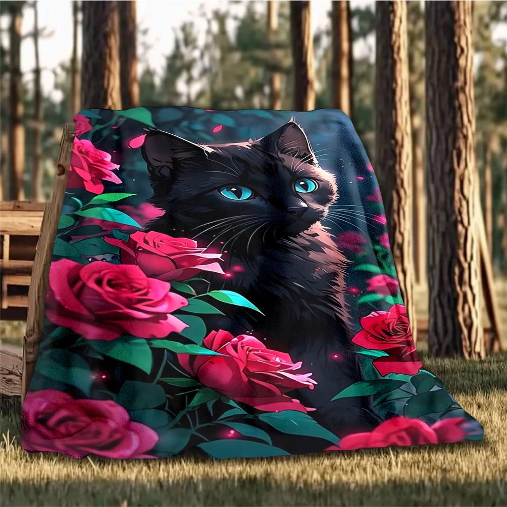 1pc Black Cat with Roses Outdoor Flannel Blanket , Machine Washable Perfect Gift for Birthday , Holiday Travel Accessory , Durable Material