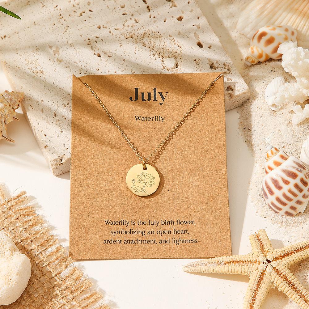 December Floral Pendant Necklace Exquisite Engraved Golden Circular Coins In Minimalist Layered Chain Jewelry Gift for Women