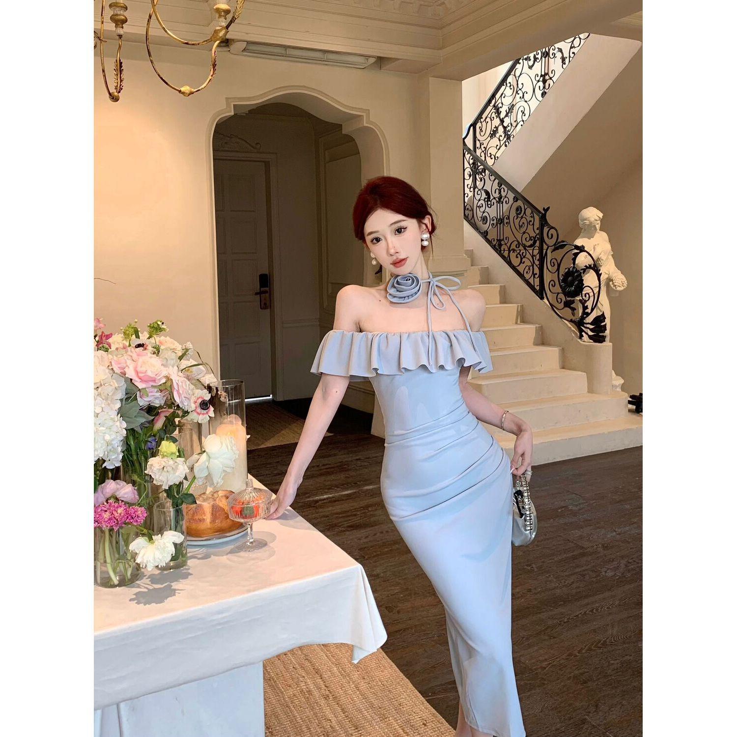 

One-Shoulder Ruffled Floral Dress: Hong Kong Style Evening Gown for Livestream Anchors S небесно-голубой