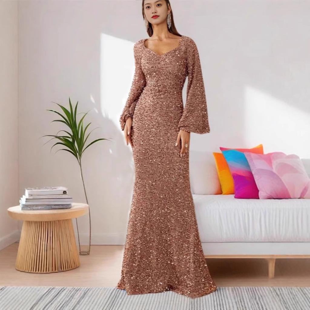 European and American spring and summer new fashion V-neck hip wrap sequins European and American dresses mid-waist horn sleeves long evening dresses