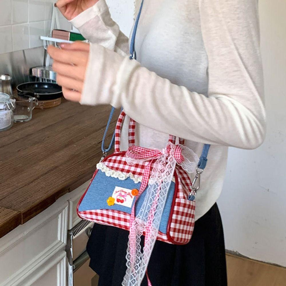 Rural Style Denim Plaid Handbag Lovely Sweet Crossbody Bag Retro Lattice Bowling Bag  Students