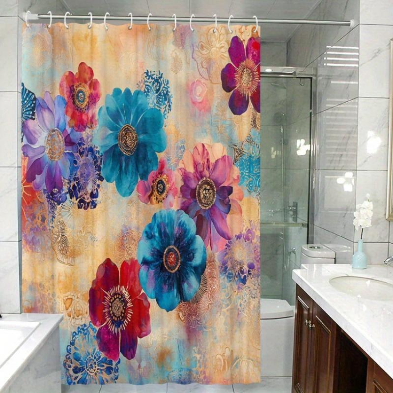 Waterproof Art Floral Shower Curtain With Hooks - Machine Washable Non-Woven - Graphic Design Art Theme Bathroom Decor