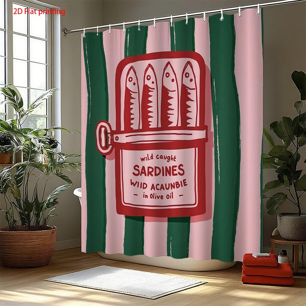 

2D Flat Printing-1Pc Sardine Cartoon Style Shower Curtain With Green Stripes And Pink Background,, Suitable For Windows And Wa W60H190(CM)-1 Pcs