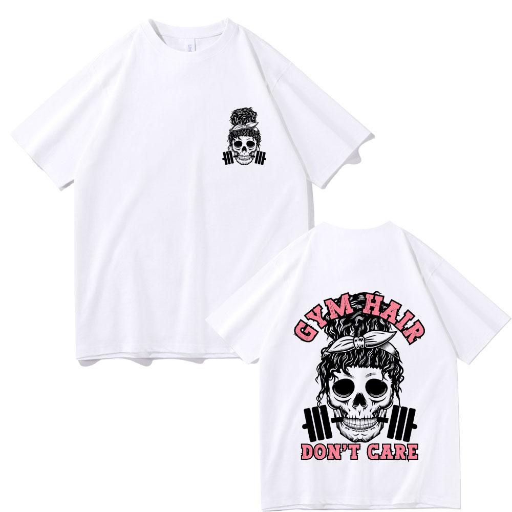 Gym Hair Dont Care Double Sided Graphic T Shirts Men Women Funny Skeleton Print Tshirt Men Women Fashion Oversized Streetwear
