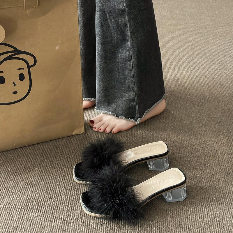 High Heels Women's 2025 Summer New French Fluffy Slippers Transparent Crystal Shoes Thick Heel Square Head Word with Sandals
