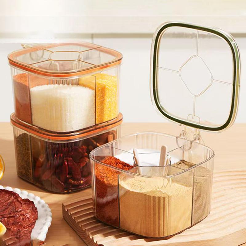 4 Grids Salt Pepper Seasoning Box Transparent Lid Spice Jar Chili Powder Sugar Bowl Condiments Storage Container Kitchen Gadgets