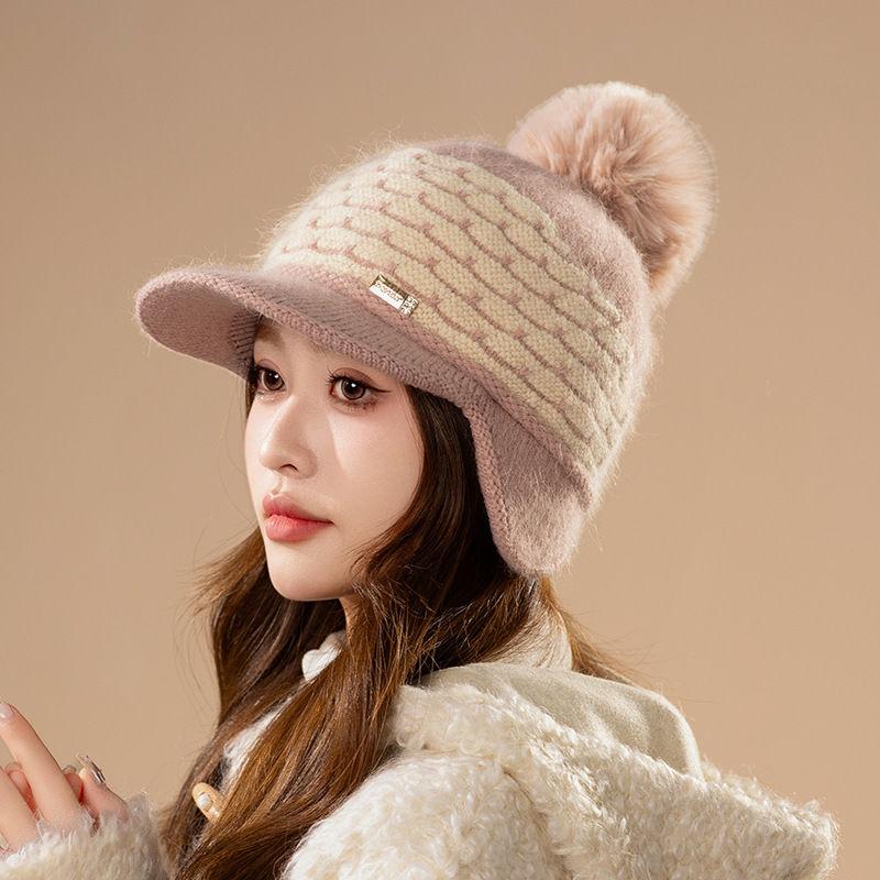 Winter Faux Rabbit Fur Fleece Thickened Ear Protectors Knitted Wool Hat Women Travel Outdoors Warm Fashion Hat Women