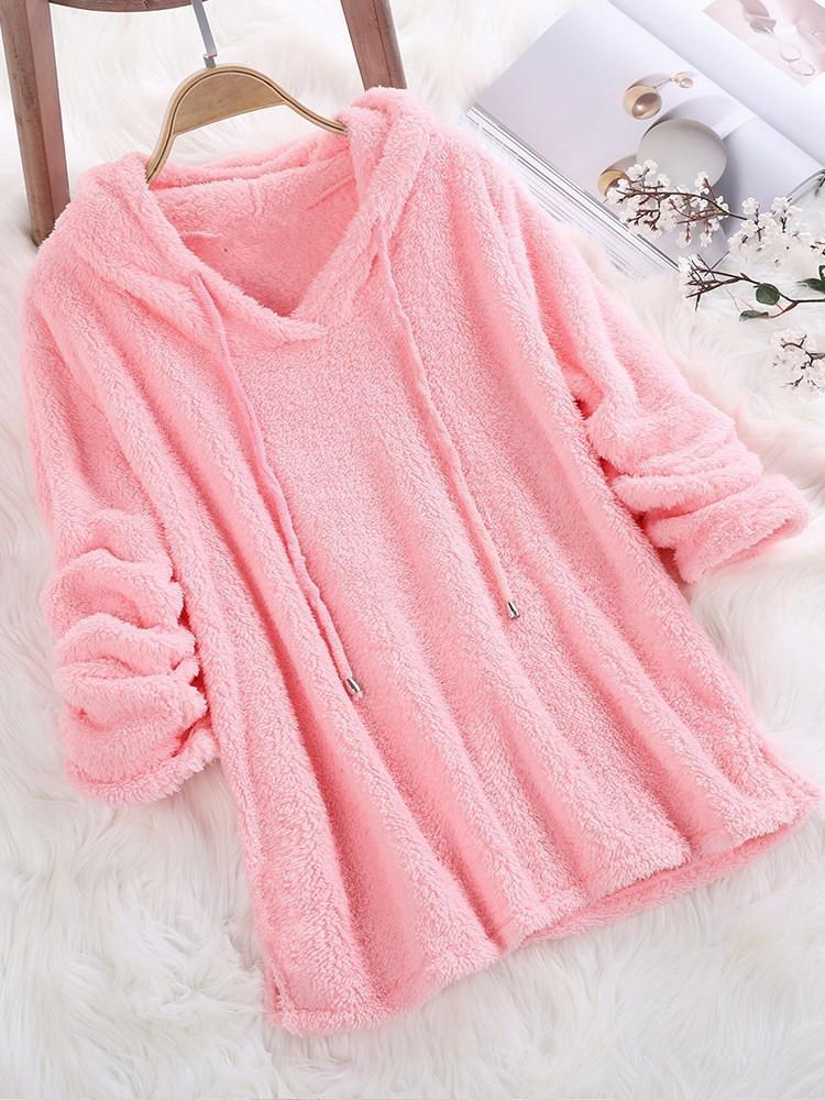 Hot Item Solid Color Long Sleeved Hooded Fuzzy Double-sided Plush Hoodie Pajamas for Women Hoodies