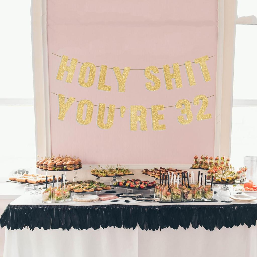 Pre-Strung Holy S You're 32 Gold Glitter Banner, Happy 32nd Birthday Decorations for Women, 32 Year Old Party Decor for Men