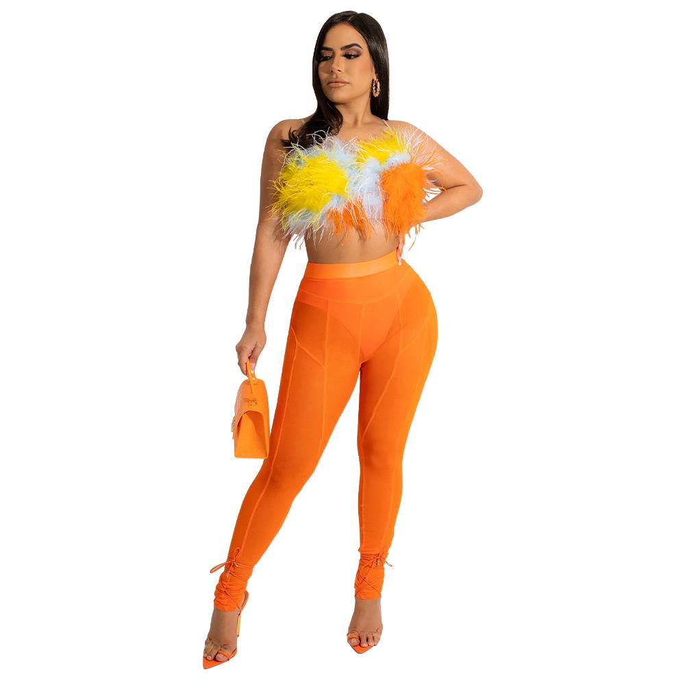 K10179 Women's Summer Sexy Nightclub Feather Camisole and Pants Two-Piece Set