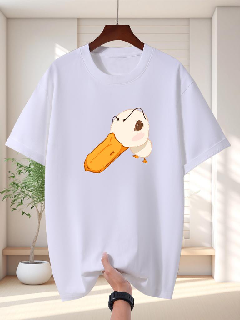 Unisex Red Tee Cute Little White Duck Cartoon Head Graphic Print Crew Neck Short Sleeve Summer Casual Male Cotton Street Daily Top